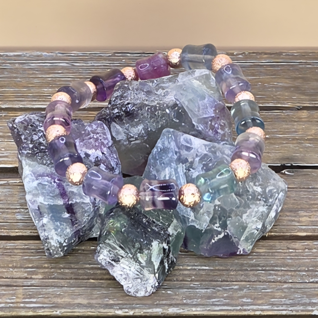 Bamboo Fluorite And Rose Gold Beaded Bracelet 24$